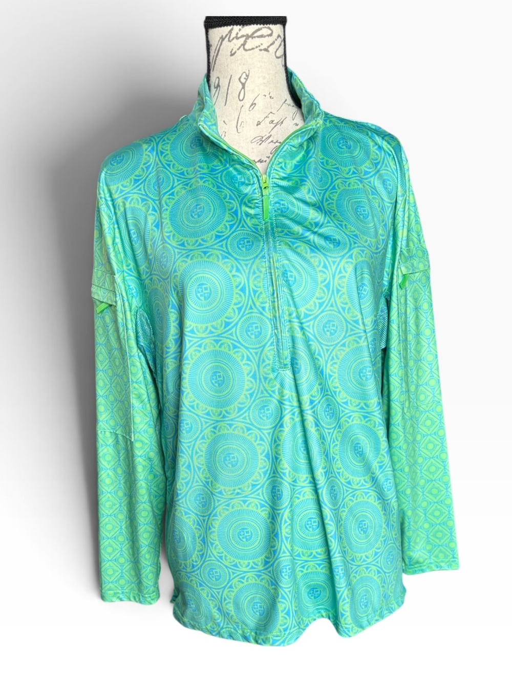 Gretchen Scott Skinny Zipper 1/4 Zip Top L Tile Medallion Green Blue UPF